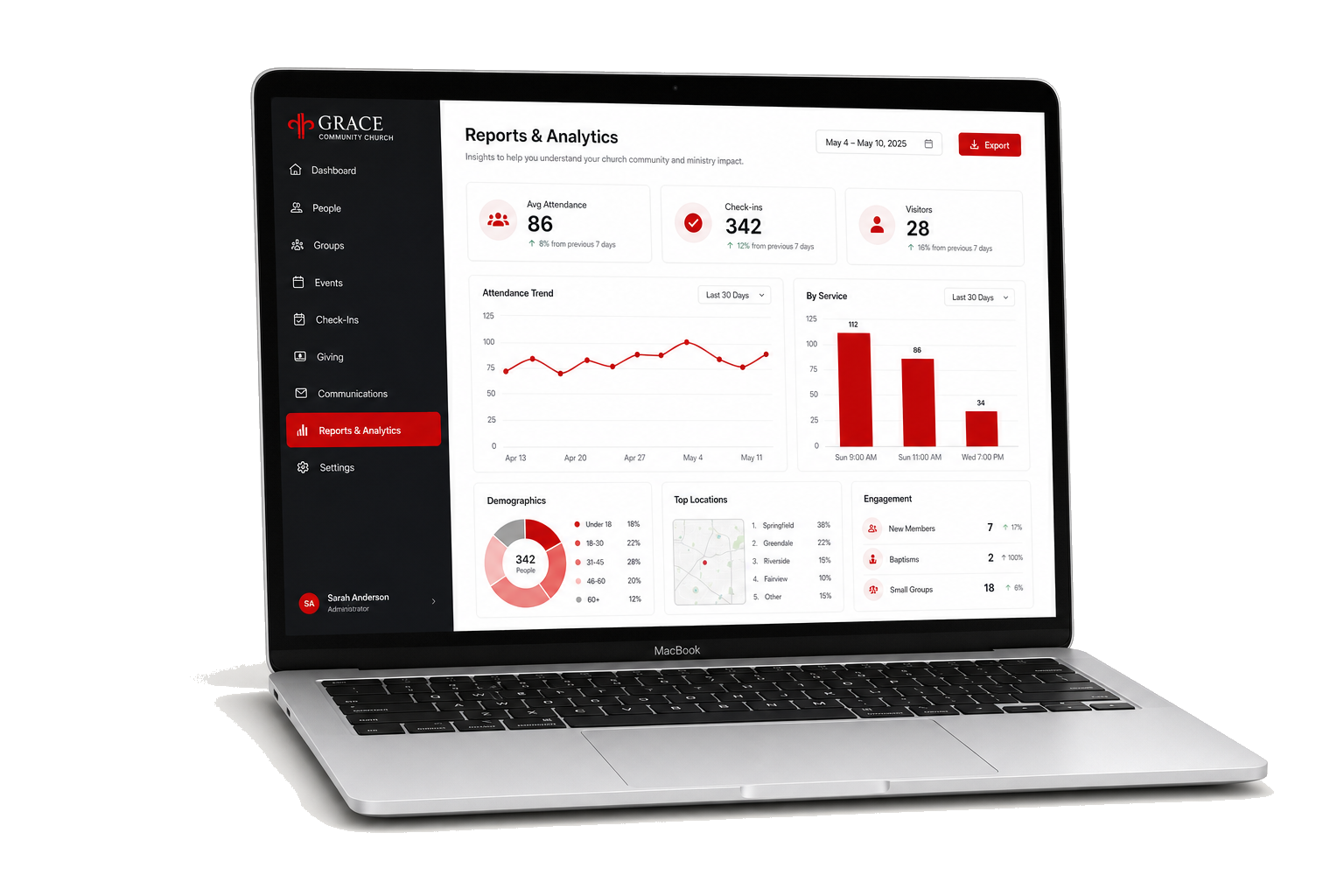 Ekklesia Reports and Analytics dashboard on laptop
